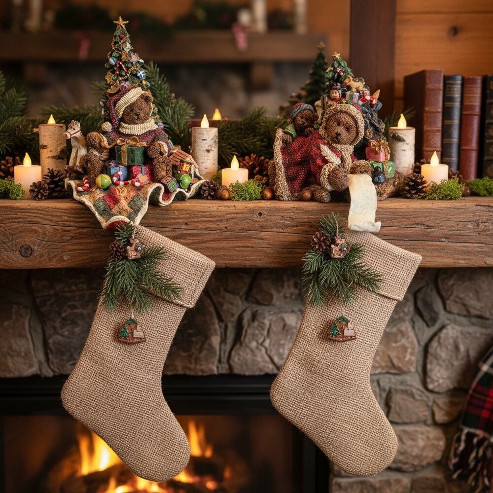 Grandeur Noel Bear Stocking Holders Pair-w Boxes-Christmas Mantel Set-Holiday
